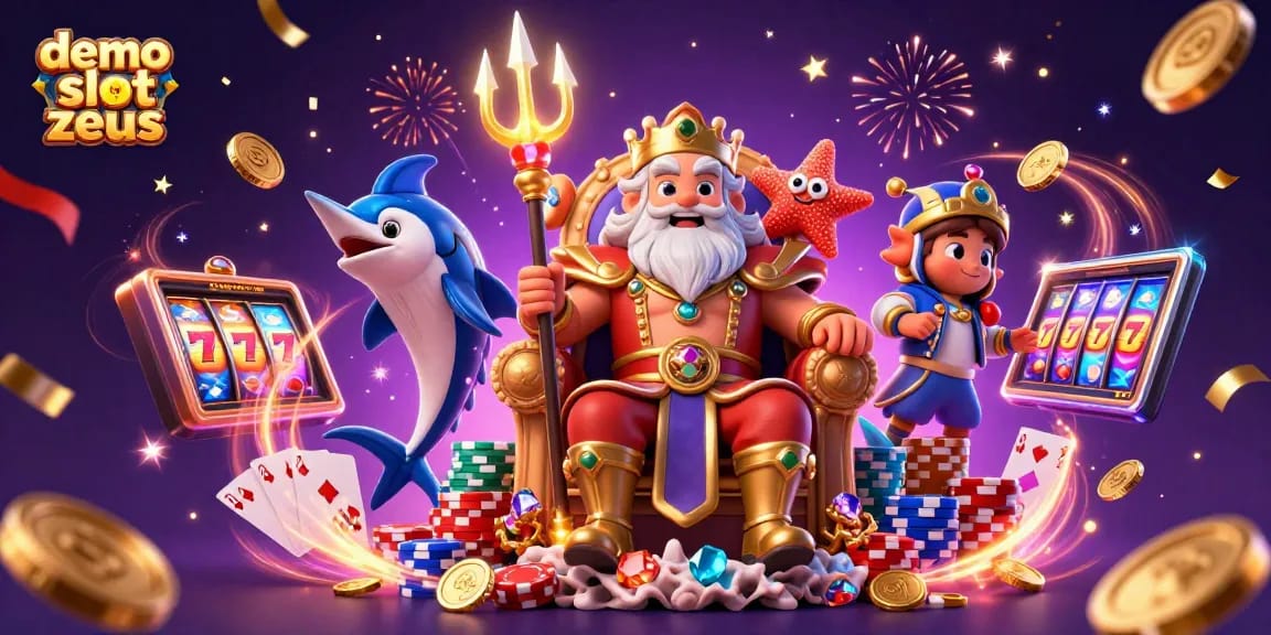 Join the fun with demo slot zeus as Neptune and friends celebrate amidst exciting gaming elements.