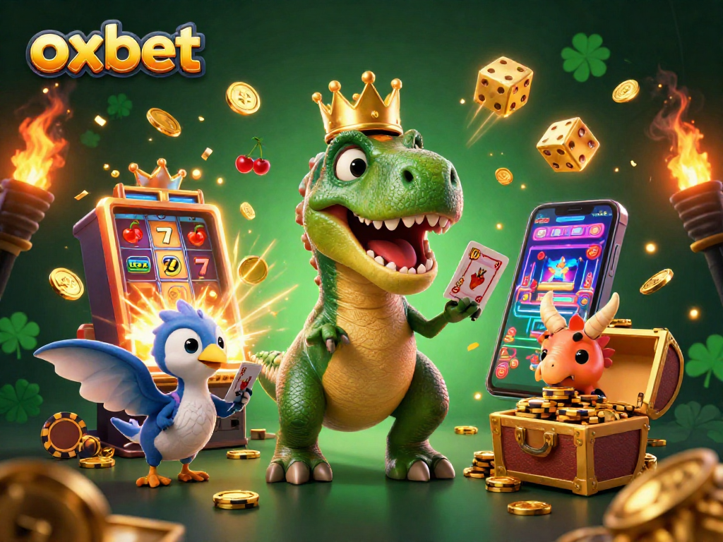 Spin the reels and win big at oxbet with a festive 3D casino scene featuring fun dinosaur characters!
