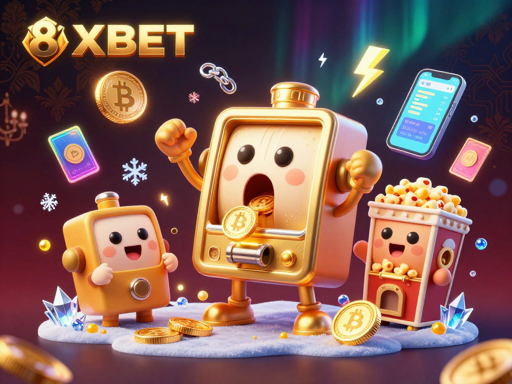 8XBET celebrates a jackpot win in a colorful casino setting with animated slot machines and cryptocurrency elements.