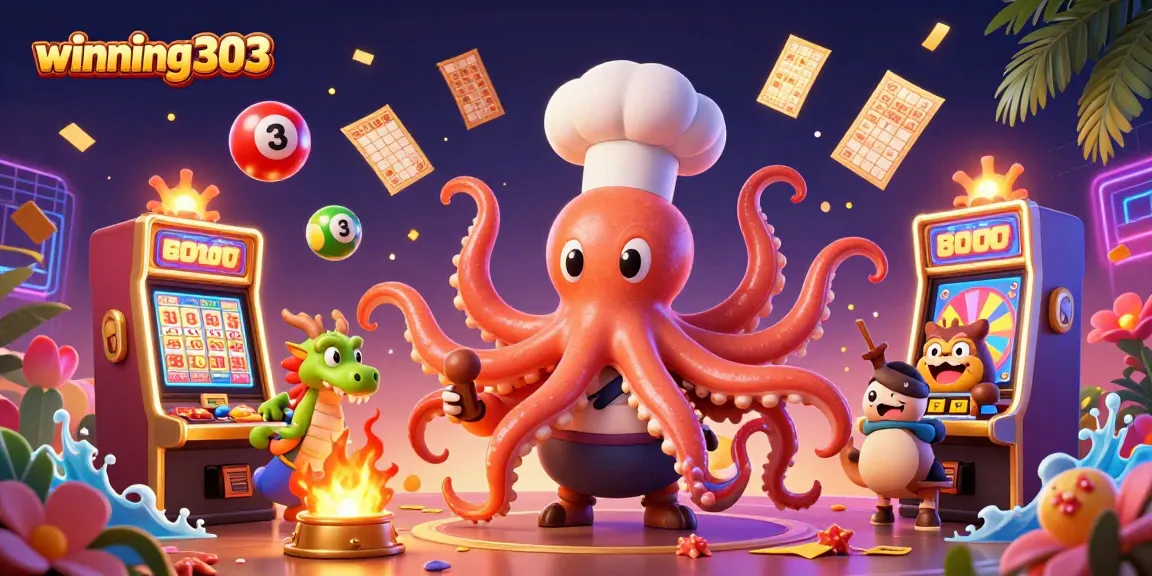 Winning303 gaming scene with octopus chef, dragon, and tanuki enjoying slot machines.