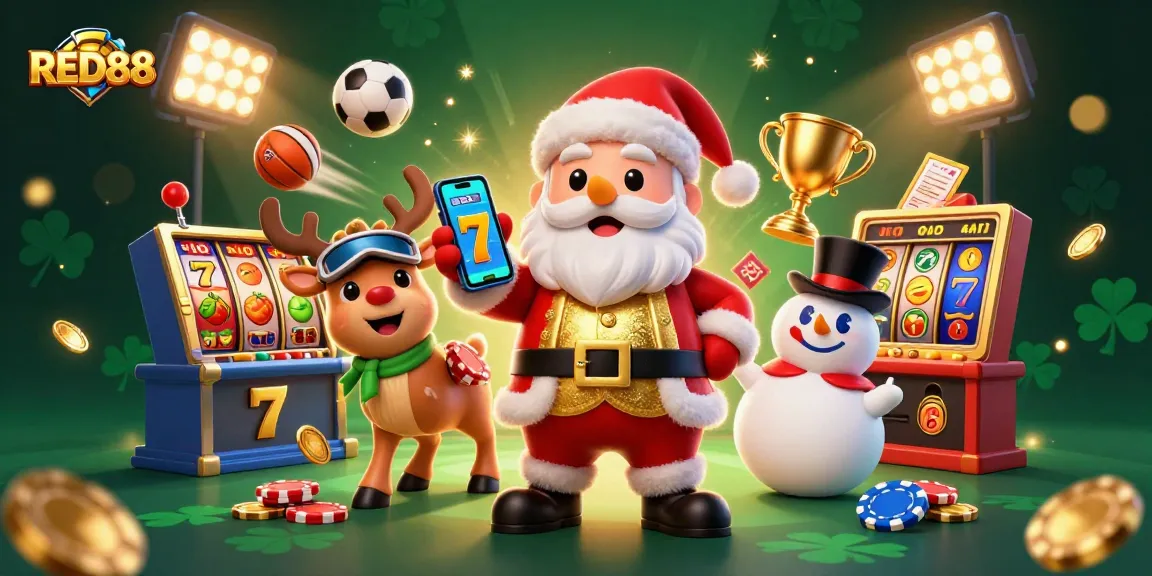 RED88 slot jackpot scene featuring cartoon Santa, reindeer, and snowman in a vibrant casino