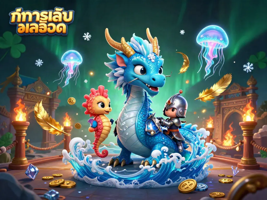 สนุกกับช่วงทดลองเล่นสล็อตที่มีมังกรน้ำสีฟ้าและอัศวินม้าน้ำในอารีน่า