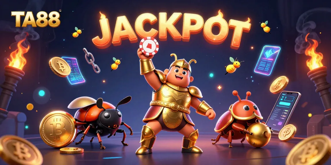Engage with TA88’s exciting slot experience highlighted by a victorious beetle and glowing crypto coins.