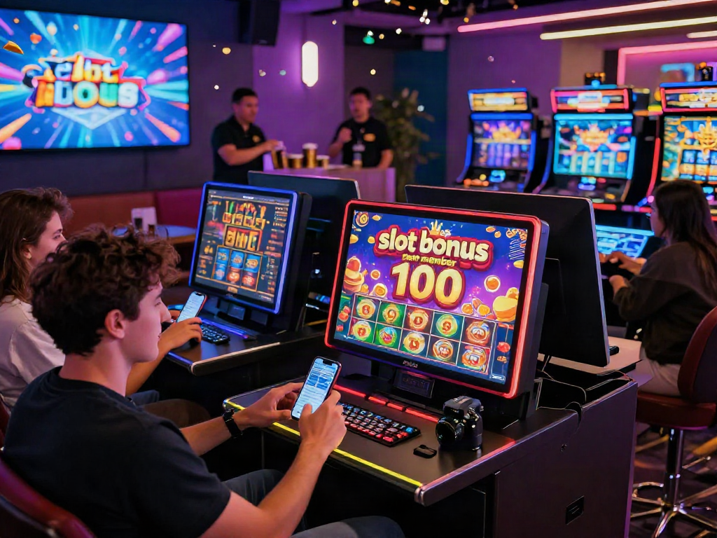 Exciting online casino gaming scene showcasing 'slot bonus new member 100' with players enjoying digital slots and vibrant atmosphere.