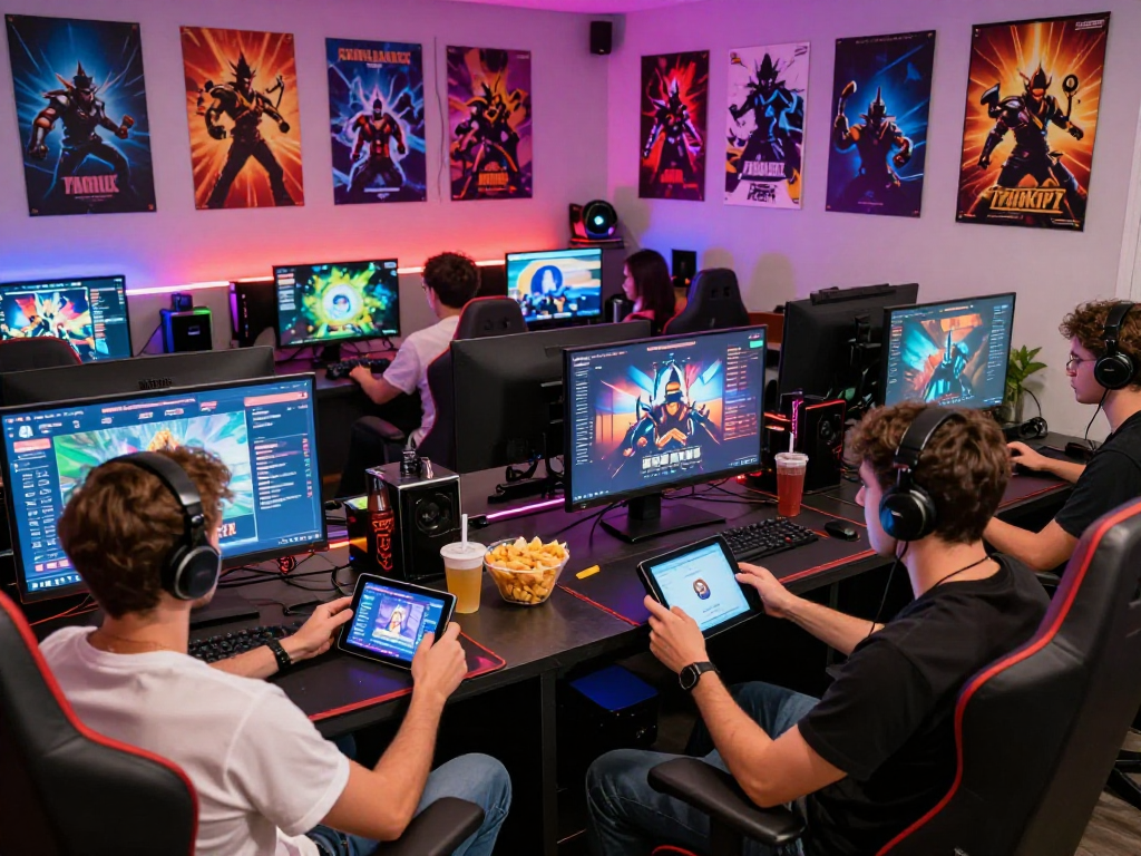 Excited players enjoying porngames in a vibrant gaming lounge.