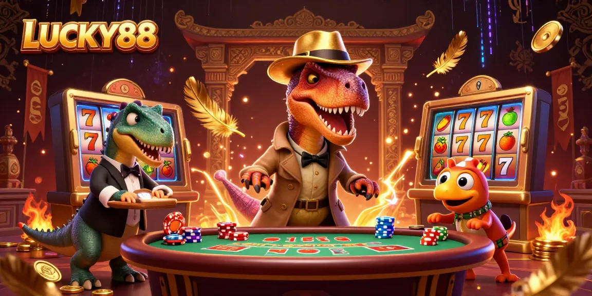 LUCKY88 characters at a blackjack table with vibrant details in a dramatic casino scene.