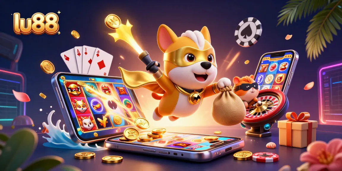 Celebrate gaming excitement with lu88's vibrant casino action scene featuring a superhero dog.
