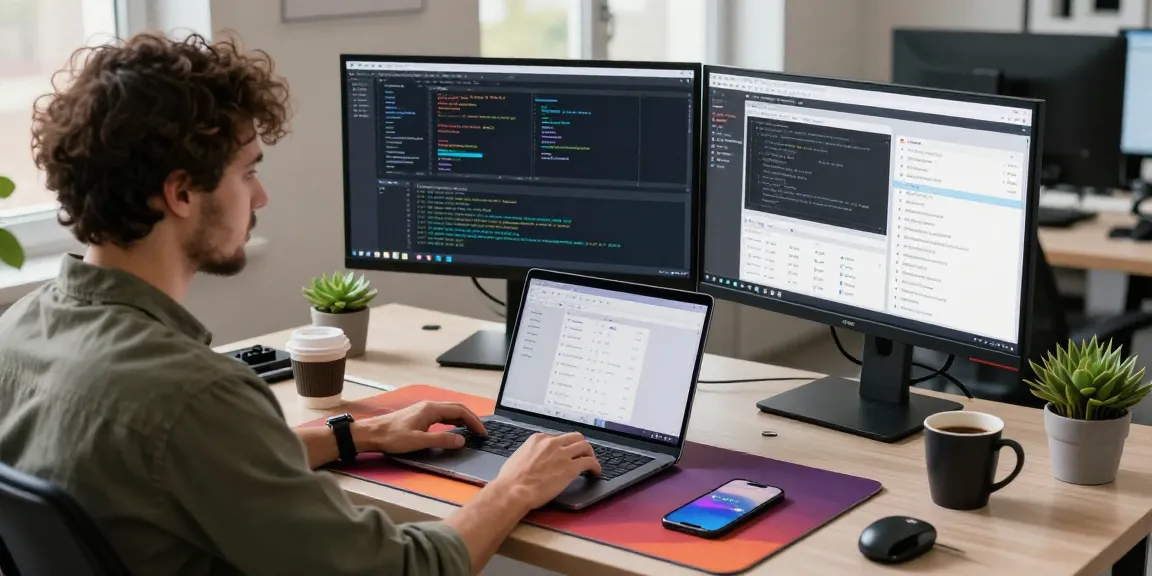 Developer using openclaw in a modern workspace with dual monitors and tech gadgets.