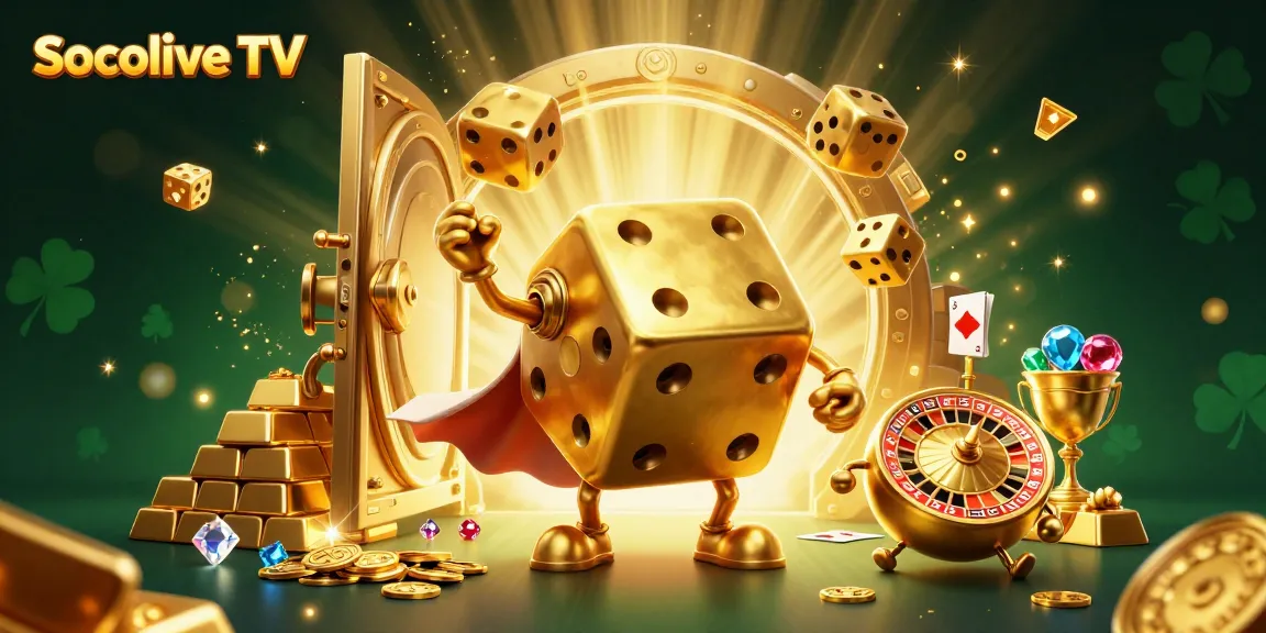 Socolive TV showcases a vibrant 3D scene with a golden dice golem and dynamic casino elements.