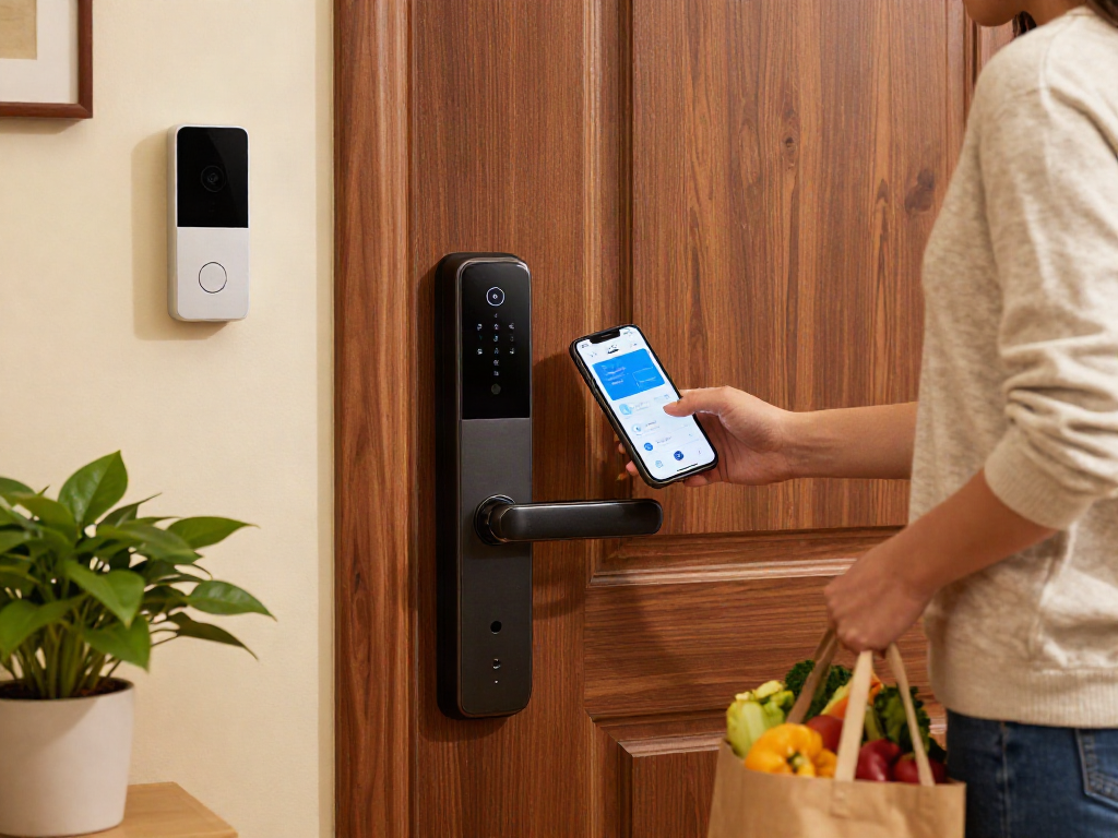 Smart lock قفل هوشمند installation showcased in a modern home entryway with stylish decor.