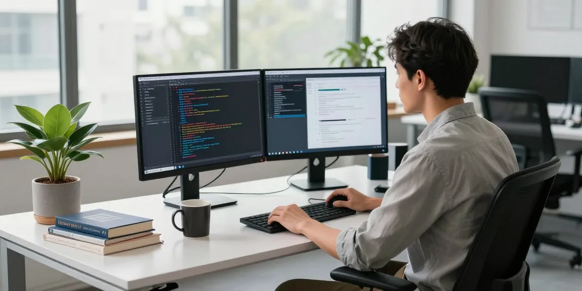 Developer coding in a modern workspace with 纸飞机中文版 visible on screens and tech gadgets.