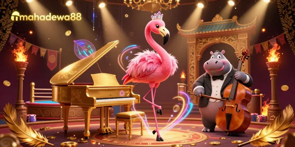 MahaDewa88 ignites excitement with a vibrant casino scene featuring a singing flamingo and a hippo bassist.