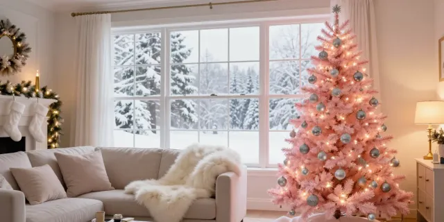 Beautiful light pink Christmas tree decorated for holidays in a cozy living room