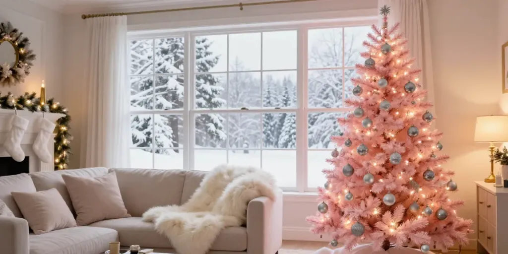 Beautiful light pink Christmas tree decorated for holidays in a cozy living room