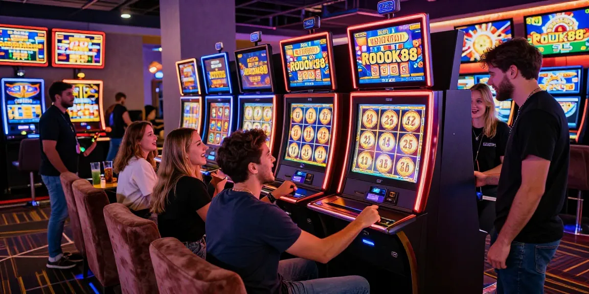 Friends enjoying rokok88 slot games in a lively gaming lounge with vibrant lights.