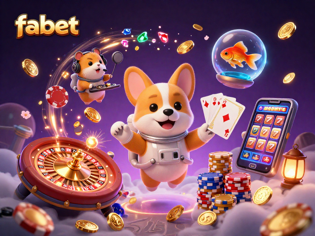 Engage in fun gaming activities at fabet with a 3D cartoon scene filled with coins and games.