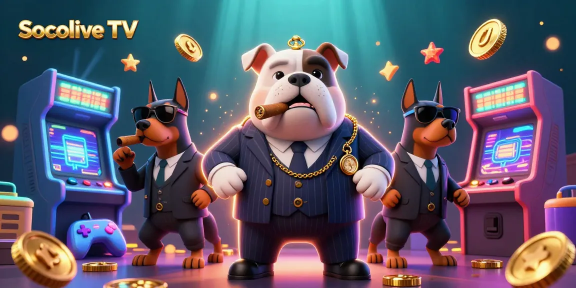 Socolive TV showcases thrilling gaming elements with a mafia bulldog in action, surrounded by arcade machines and casino gold.