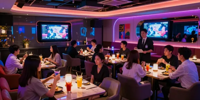 강남 달토 나이트라이프의 활기찬 분위기를 담은 이미지, 친구들이 즐겁게 노래하는 모습