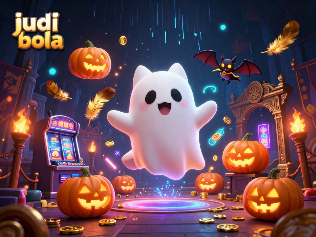 Engage in thrilling judi bola action with a ghost cat and bat companion at a haunted casino.