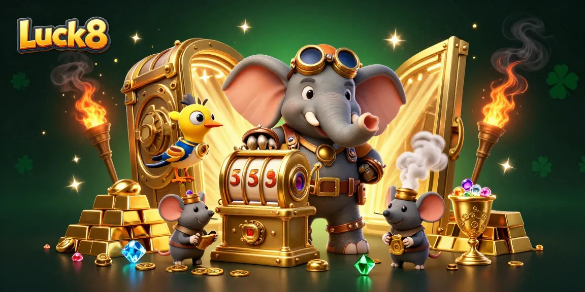 Engage with Luck8's thrilling casino experience featuring a steampunk elephant operating a golden slot machine amidst sparkling treasures.