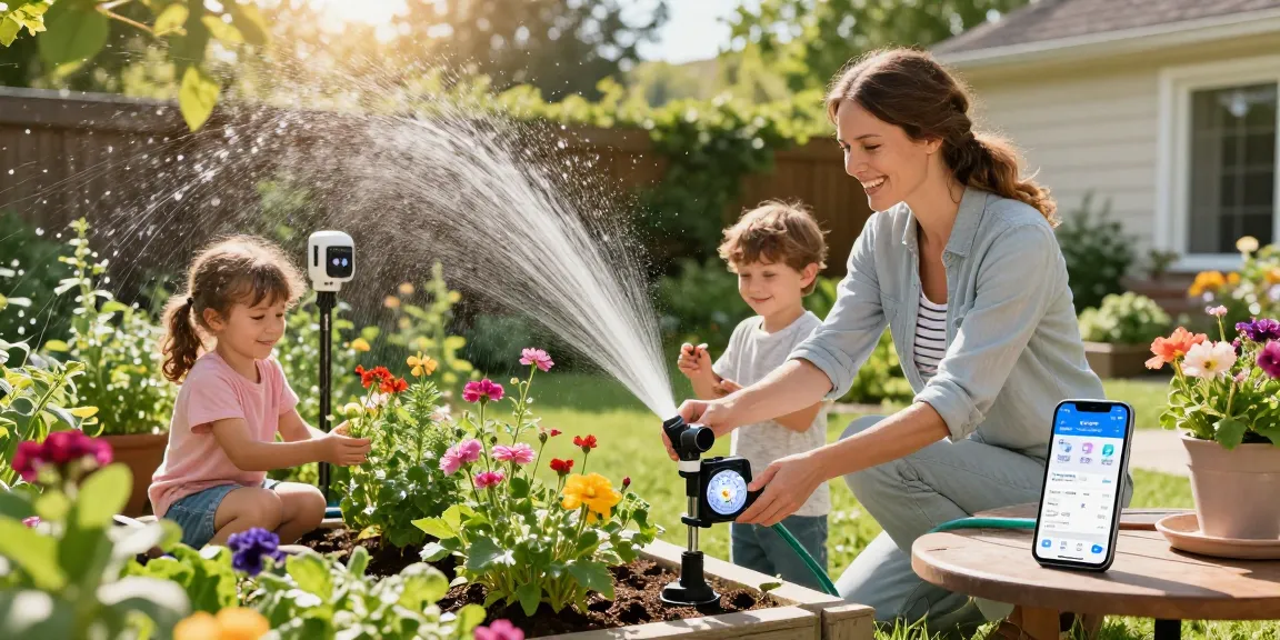 Family using the rainpoint sprinkler timer for efficient garden watering in a sunny backyard.