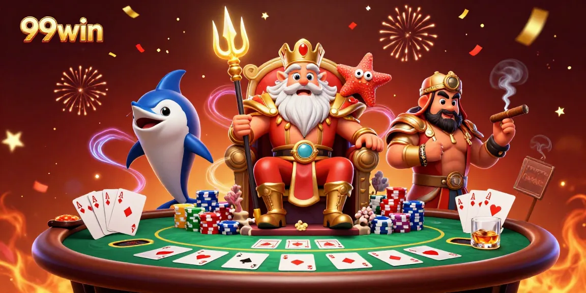 Engage with the exciting world of 99win, featuring a lively poker scene with Neptune and vibrant game elements.