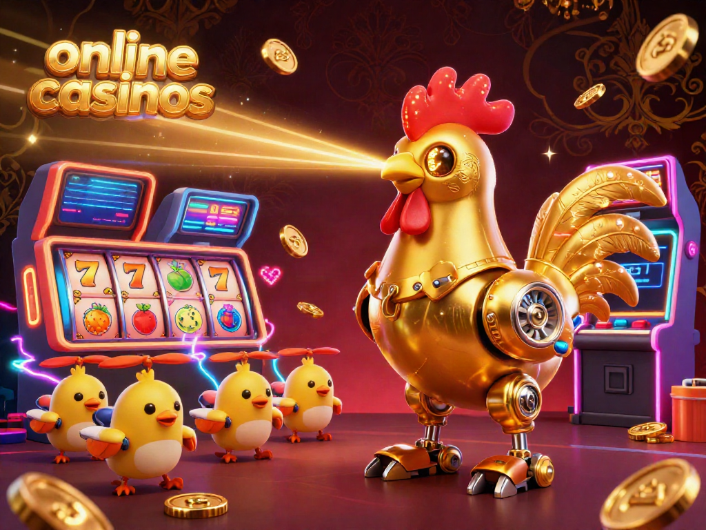Engage with online casinos through vibrant gaming elements and a dynamic robot character.