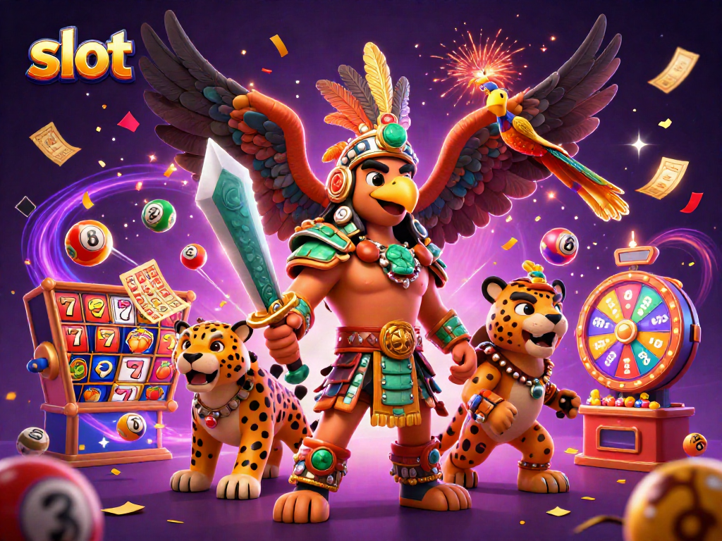 Spin the slot reels with Aztec warriors and vibrant elements celebrating wins and jackpots.