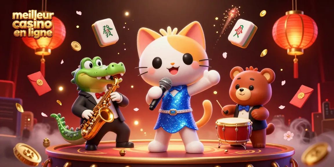 Participez à un jeu vibrant avec meilleur casino en ligne mettant en vedette un chat chanteur, un crocodile et un ours avec un tambour.