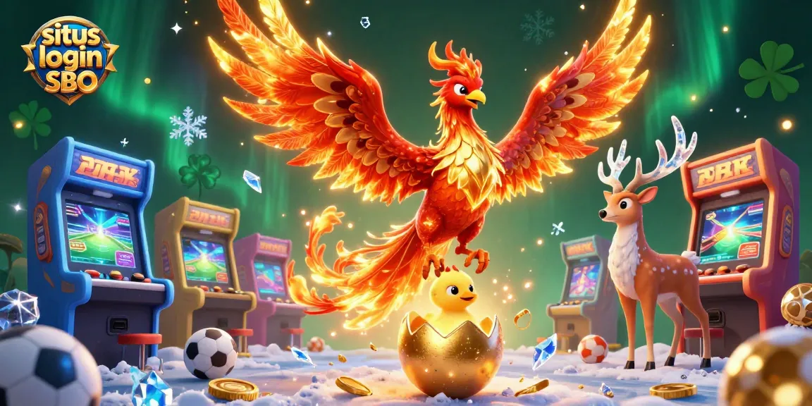 Engage in thrilling bets with situs login SBO as a phoenix soars over vibrant sports elements.
