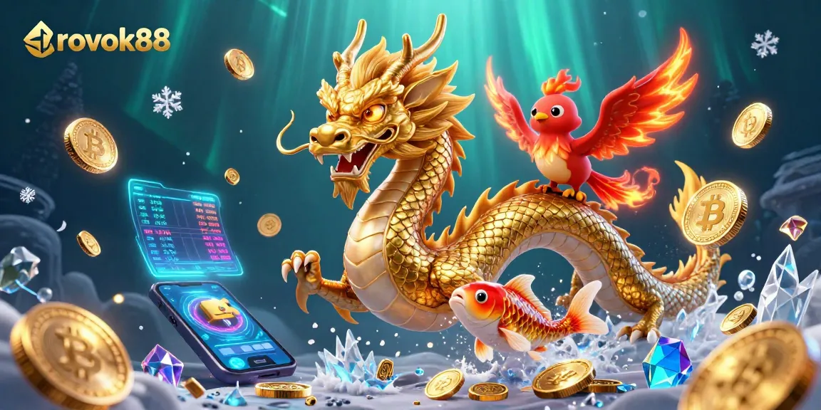 Experience winning strategies with rokok88 as a golden dragon, phoenix, and koi fish bask among vibrant casino elements.