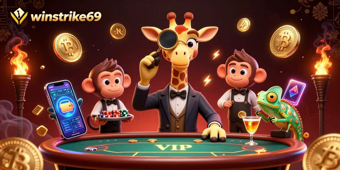 Experience winstrike69 with a high-roller giraffe at a vibrant casino scene, featuring stacked chips and crypto elements.