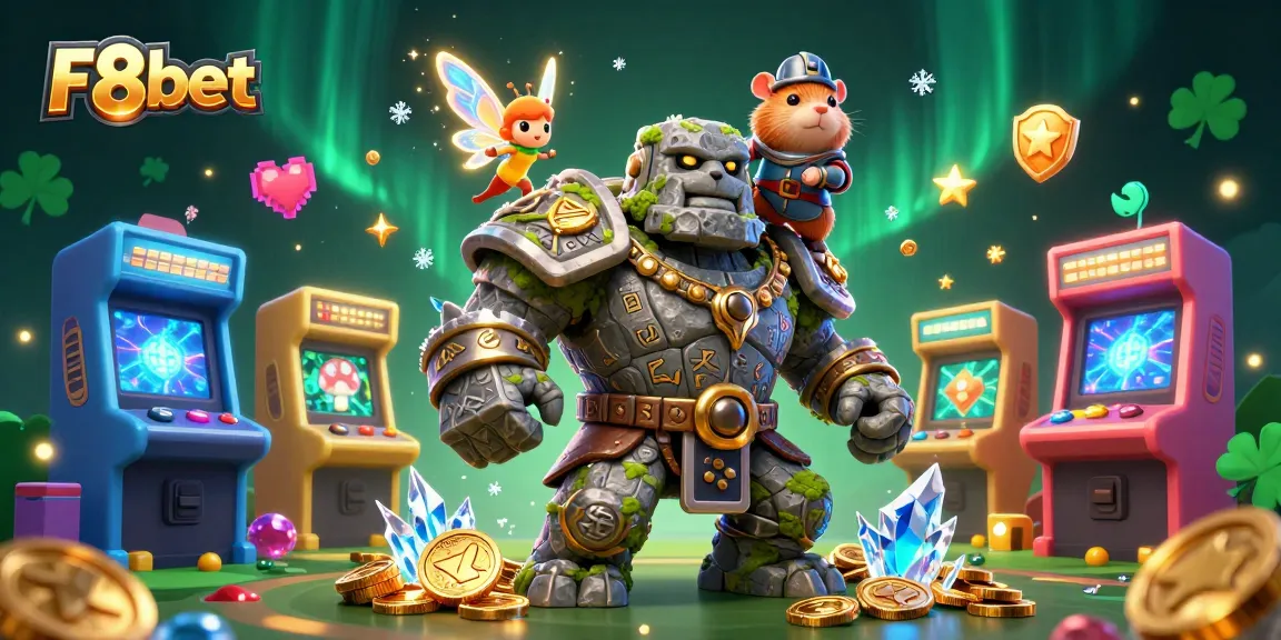 Engage with thrilling gameplay at F8bet, featuring a magical golem and knight in an enchanting casino world.