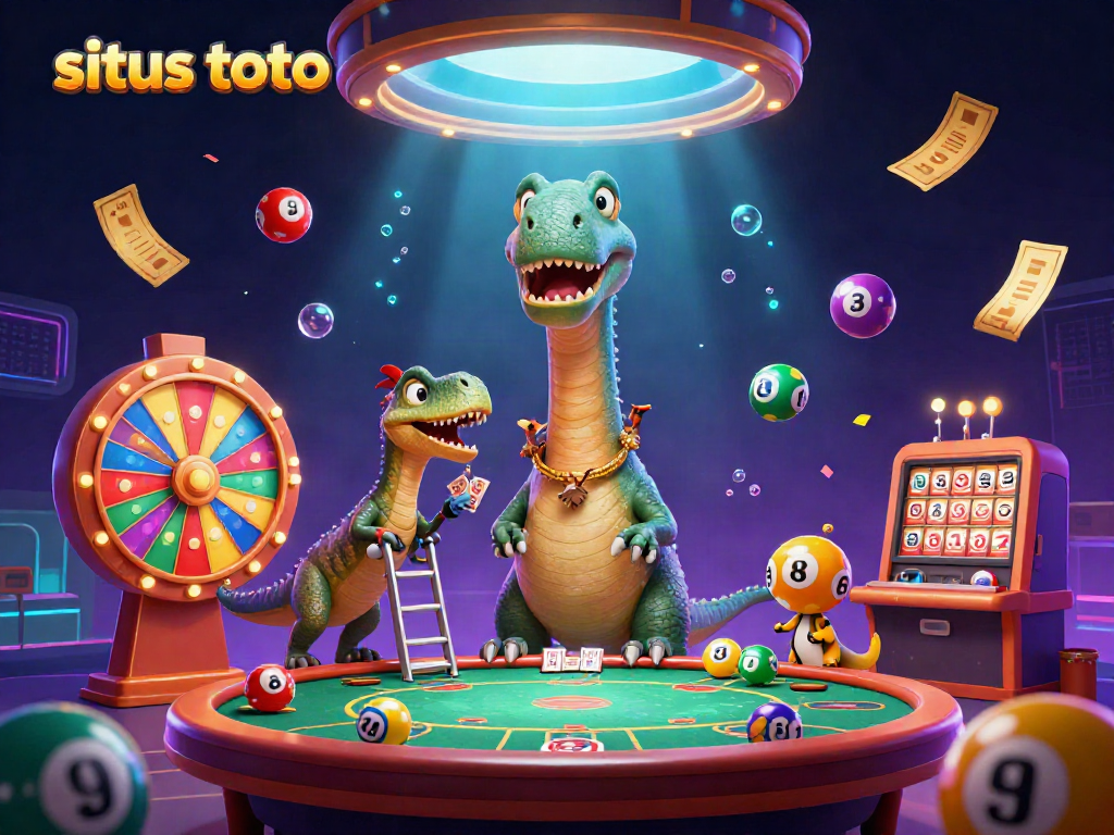 Experience the excitement of situs toto with giant brontosaurus and clever raptor in a vibrant casino scene.
