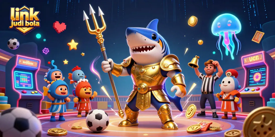 Engage in exciting link judi bola action with a dynamic underwater scene featuring a golden gladiator shark and sports elements.