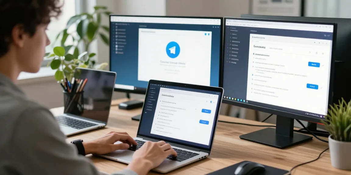Explore Telegram download options in a sleek modern workspace, showcasing productivity and security.