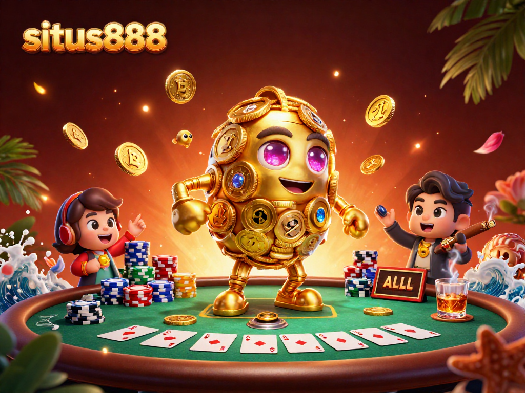 Experience thrilling action with situs888, featuring a captivating golden golem among vibrant poker dynamics.
