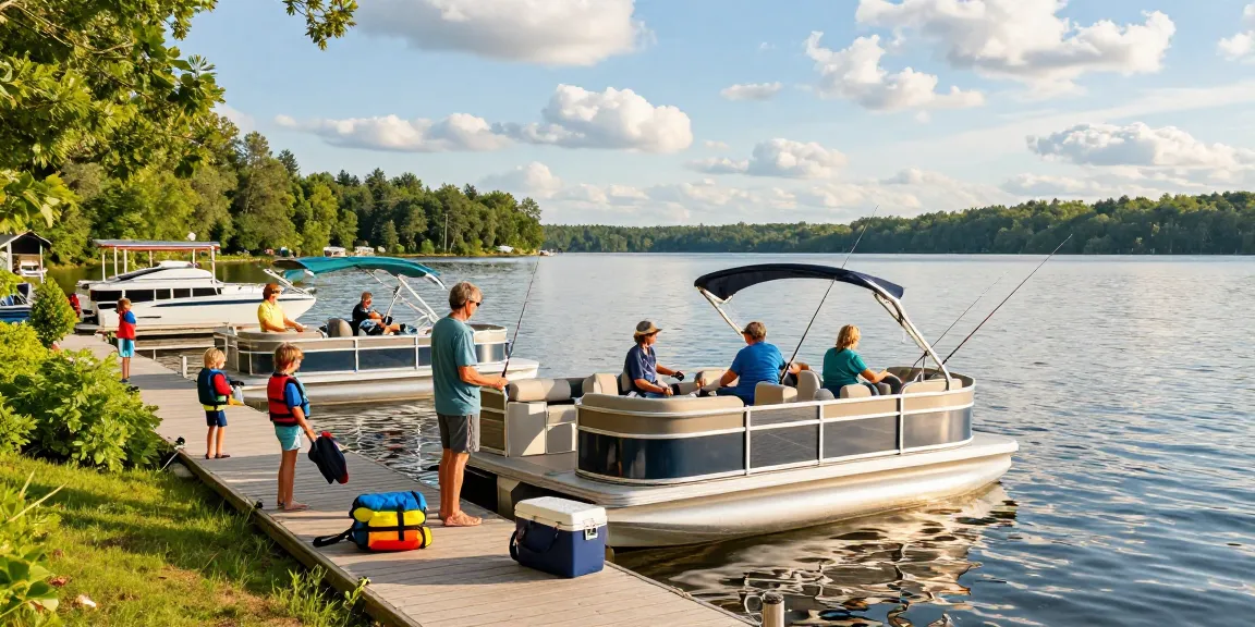 Boats for sale at Mountain Trout House Marina, vibrant lakeside scene with family bonding over boating fun.