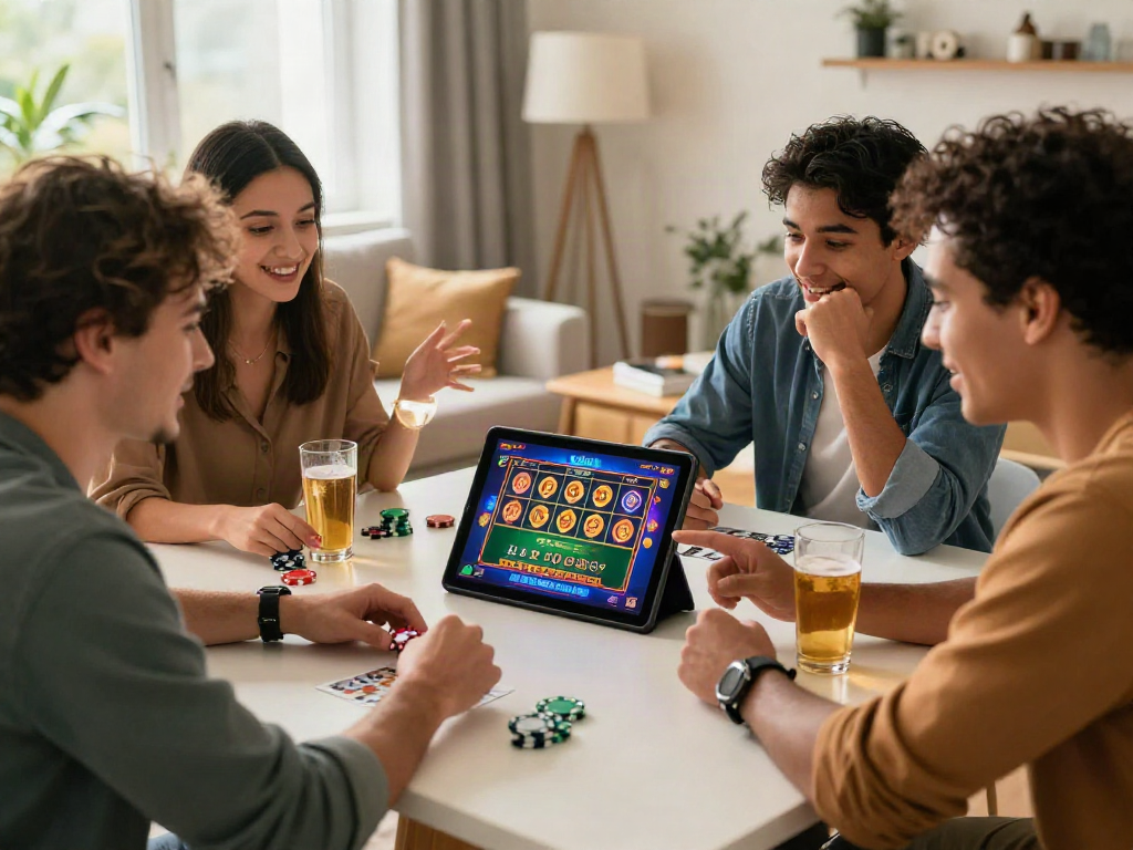 Friends enjoying casino online games on a tablet in a vibrant living room.