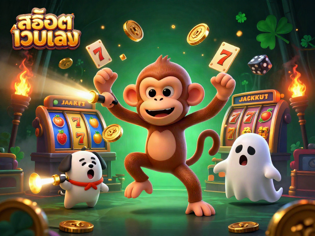Play สล็อตเว็บตรง with vibrant slot symbols and playful ghost characters for a thrilling experience.