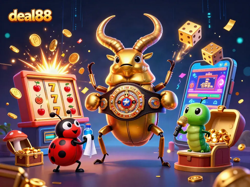 Engage with deal88 in this vibrant casino scene featuring a golden stag beetle and exciting gaming elements.