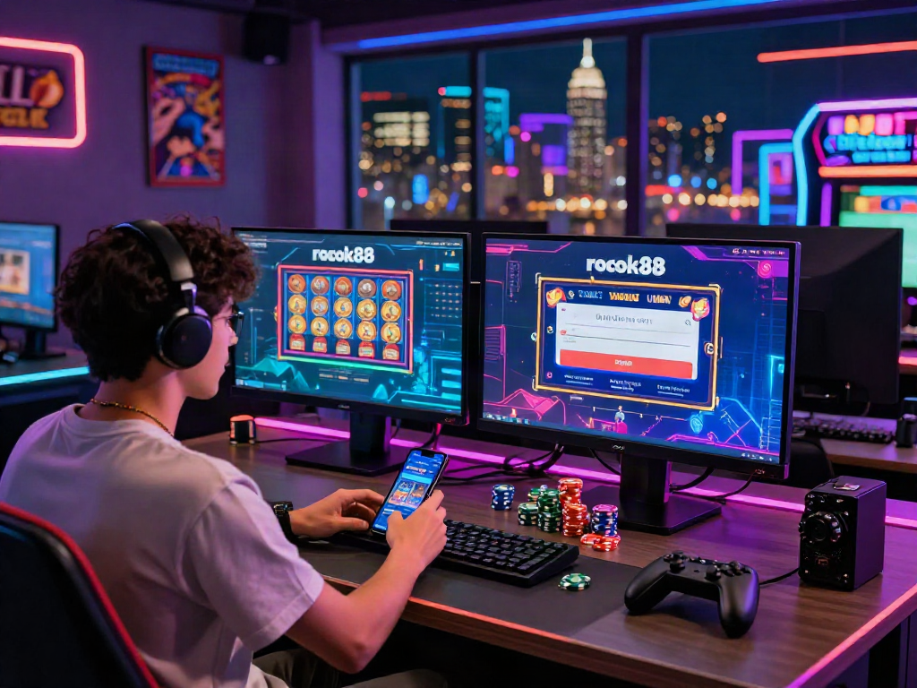 Player engaged in rokok88 slot login on dual screens in a vibrant gaming room