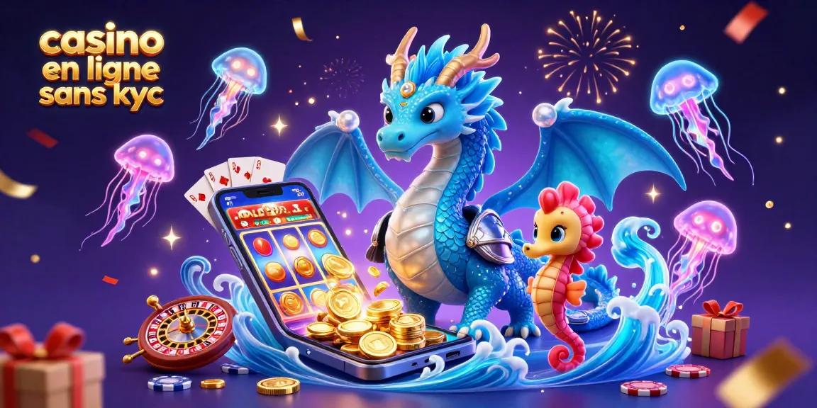 Jouez en toute sécurité sur un casino en ligne sans KYC avec un dragon et des éléments de jeu flamboyants.