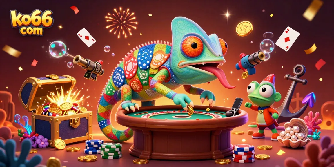 Engage with exciting games at ko66 com, featuring a colorful chameleon casino owner and vibrant casino elements.