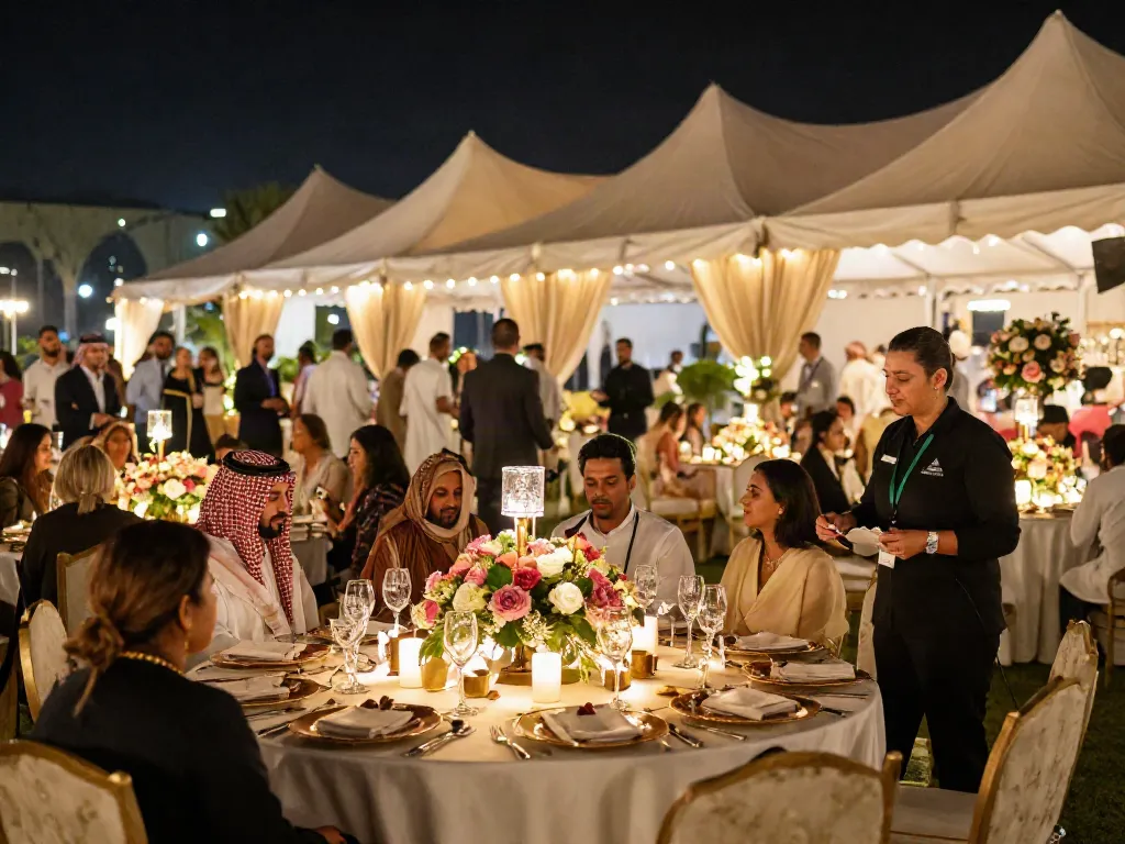 Elegant wedding reception showcasing Outscene Events' offerings in event rental ksa, with beautifully decorated tables and guests enjoying a festive evening.