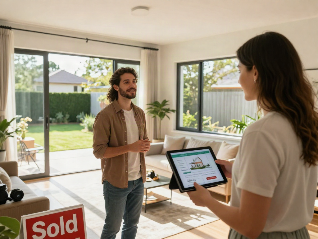Couple touring a modern home with a real estate agent, highlighting the deposit 10k opportunity.