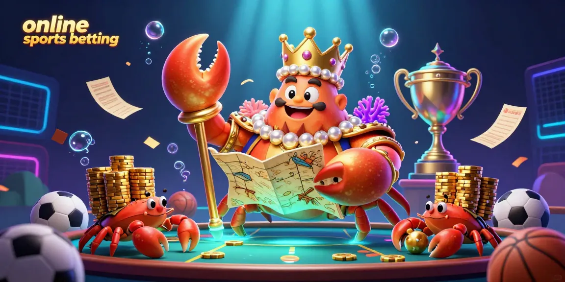 Engage in online sports betting with a vibrant 3D illustration featuring a golden crab emperor and sports elements.