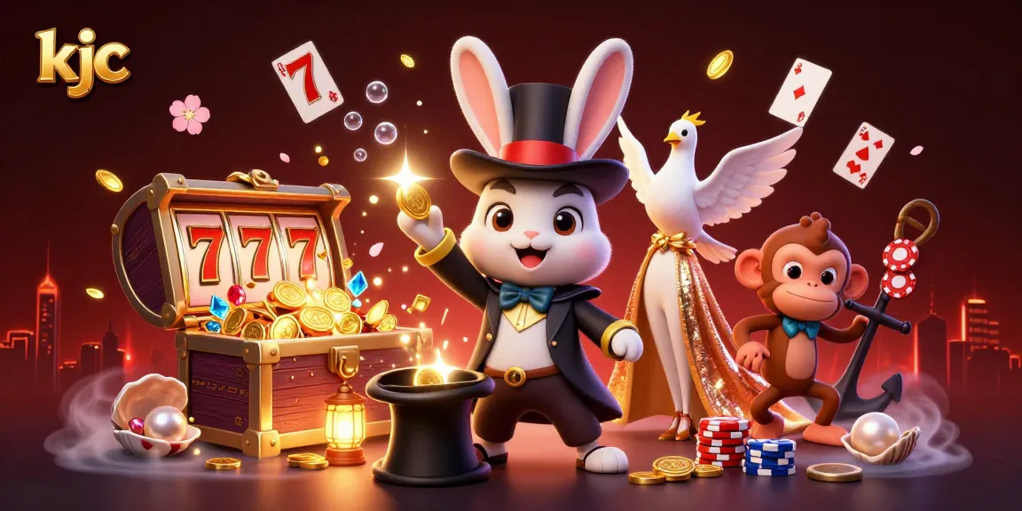 Experience thrilling wins with kjc as a magician rabbit pulls coins from a hat in a vibrant casino scene