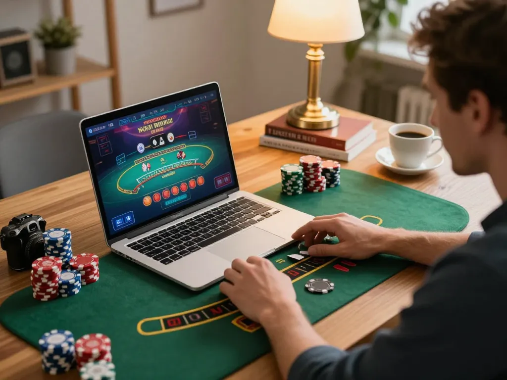 Player enjoying gamebaidoithuong8 blackjack on laptop amidst vibrant home office decor and strategic gaming elements.