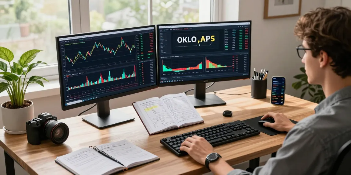Oklo stock analysis in a modern cryptocurrency trading workspace, featuring digital wallet and DeFi dashboard charts, enhancing investment strategies.
